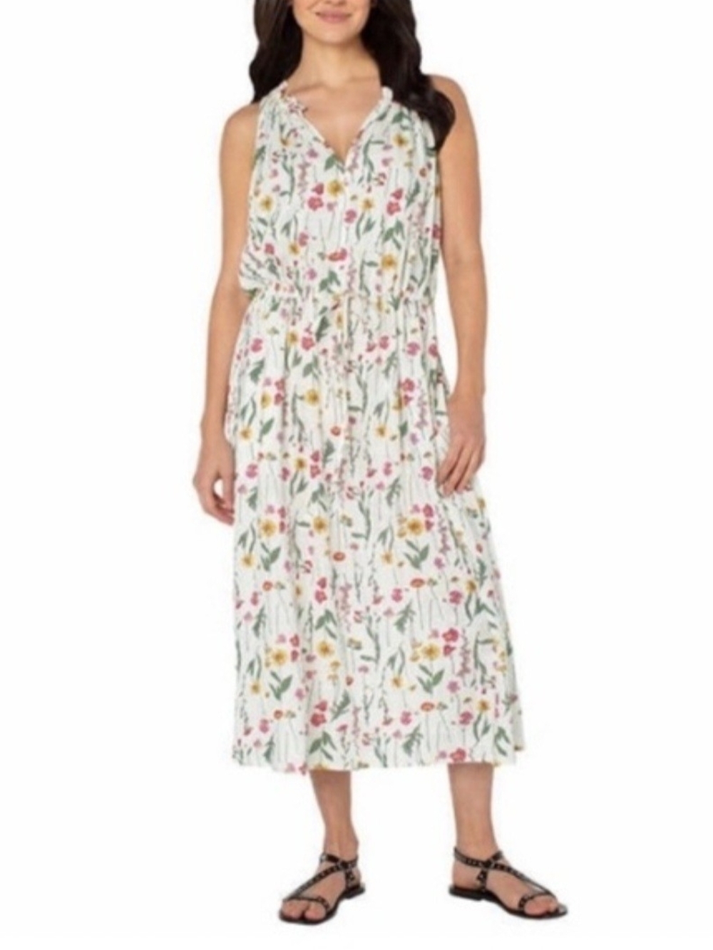 Floral Sleeveless White Midi Dress with Drawstring Waist